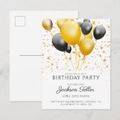 Gold Black Balloons Birthday Party Invitation Uitnodiging Briefkaart (Voorkant / Achterkant)