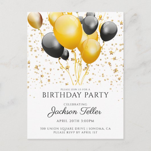 Gold Black Balloons Birthday Party Invitation Uitnodiging Briefkaart (Voorkant)