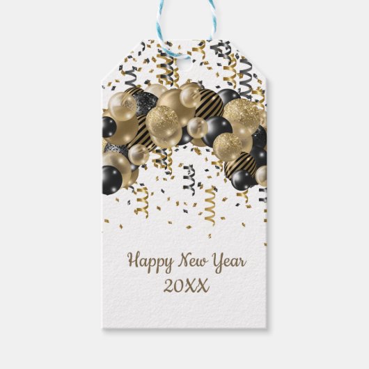 Gold Black Balloons Confetti New Years Eve Party Cadeaulabel (Voorkant)