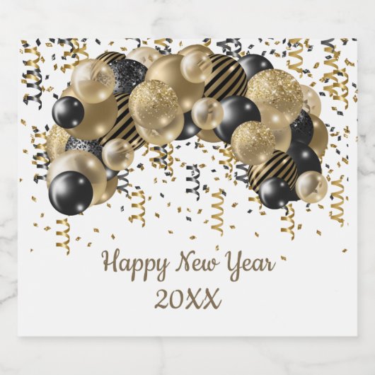 Gold Black Balloons Confetti New Years Eve Party Sparkling Wijnetiket (Enkel label)