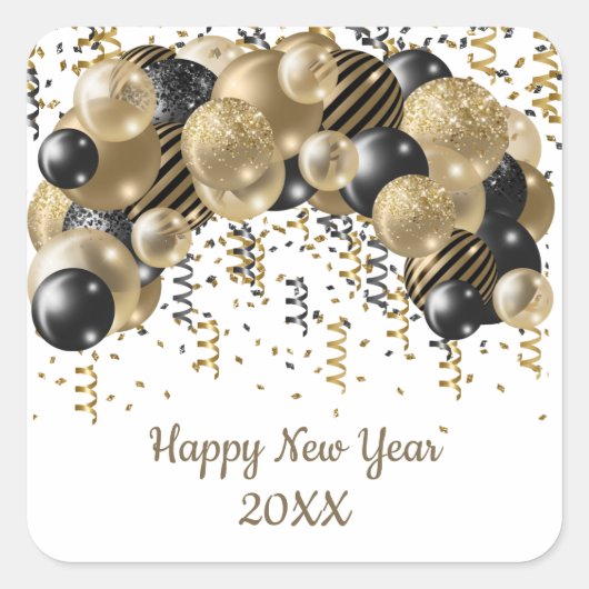 Gold Black Balloons Confetti New Years Eve Party Vierkante Sticker (Voorkant)