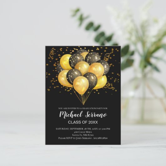 Gold Black Balloons en Confetti Graduparty Uitnodiging Briefkaart (Staand voorkant)