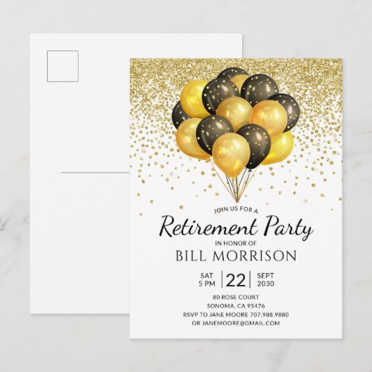 Gold Black Balloons Uitnodiging Briefkaart (Voorkant / Achterkant)