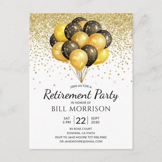 Gold Black Balloons Uitnodiging Briefkaart (Voorkant)