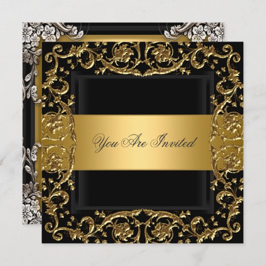 Gold Black Birthday Party Invitation Kaart (Voorkant / Achterkant)