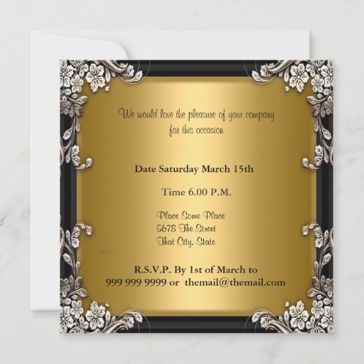 Gold Black Birthday Party Invitation Kaart (Achterkant)