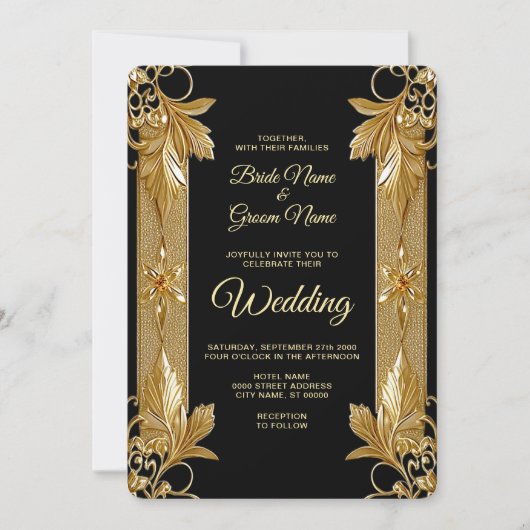 Gold Black  Bloemen Huwelijksuitnodiging Kaart (Voorkant)