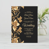 Gold Black  Bloemen Huwelijksuitnodiging Kaart (Staand voorkant)