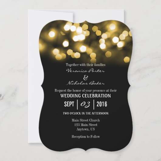 Gold Black Bokeh Glitter Lights Wedding Invites Kaart (Voorkant)