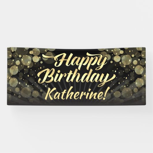 Gold/Black Bokeh Happy Birthday Party Spandoek (Horizontaal)