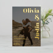 Gold black bold 2 foto's bruiloft folie uitnodiging (Staand Voorkant)