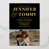 Gold black bold naam op 2 foto's bruiloft folie uitnodiging (Voorkant)