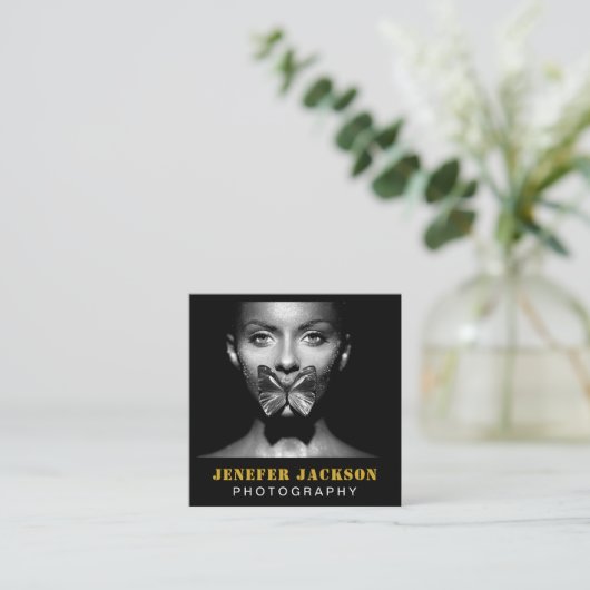 Gold Black Bold Script 2 Photo Minimal QR Code Vierkante Visitekaartje (Staand voorkant)