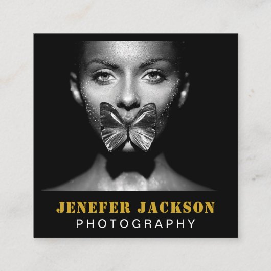 Gold Black Bold Script 2 Photo Minimal QR Code Vierkante Visitekaartje (Voorkant)