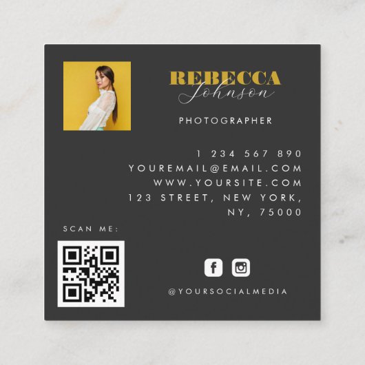 Gold Black Bold Script 2 Photo Minimal QR Code Vierkante Visitekaartje (Achterkant)