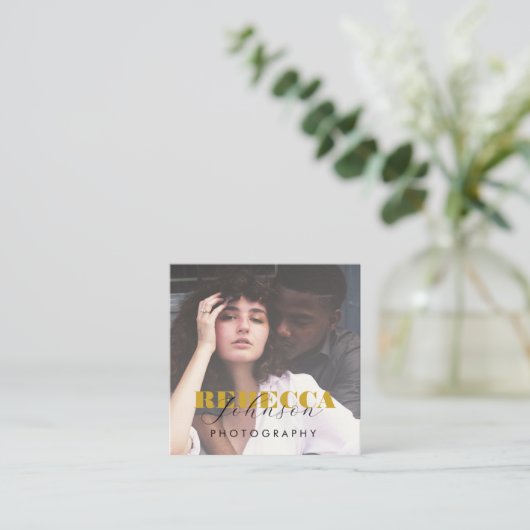 Gold Black Bold Script 2 Photo Minimal QR Code Vierkante Visitekaartje (Staand voorkant)