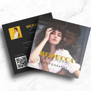 Gold Black Bold Script 2 Photo Minimal QR Code Vierkante Visitekaartje