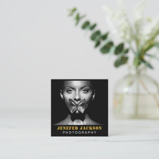 Gold Black Bold Script 2 Photo Minimal QR Code Vierkante Visitekaartje (Staand voorkant)