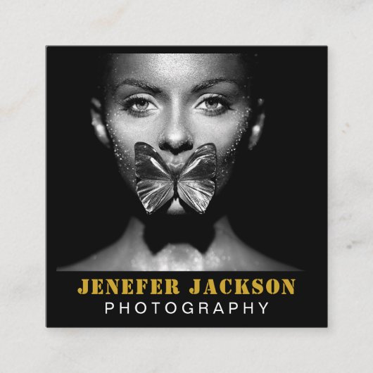 Gold Black Bold Script 2 Photo Minimal QR Code Vierkante Visitekaartje (Voorkant)