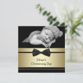 Gold Black Bow Stropdas Baby Boy Foto Doop Kaart (Staand voorkant)