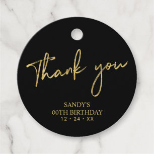 Gold & Black Brush Script Birthday Party Hartelijk Bedankjes Labels