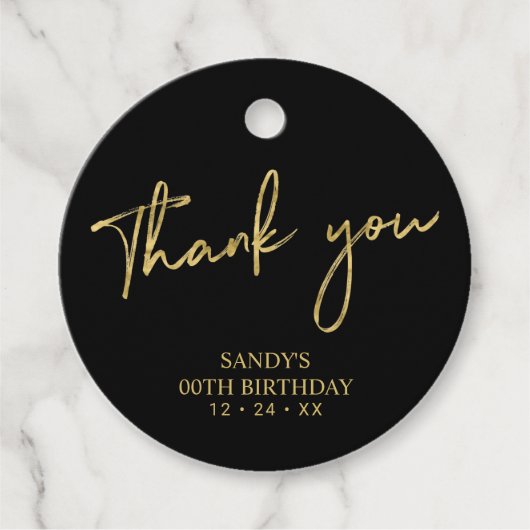Gold & Black Brush Script Birthday Party Hartelijk Bedankjes Labels (Voorkant)