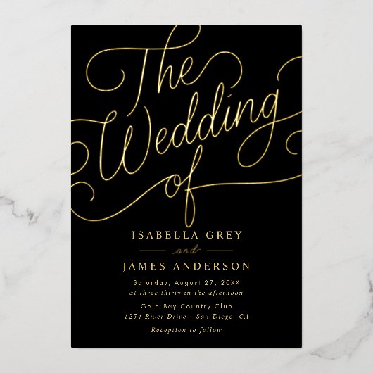 Gold Black Calligraphy Script Wedding Folie Uitnodiging (Voorkant)