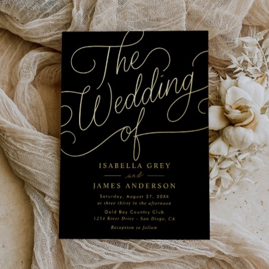 Gold Black Calligraphy Script Wedding Folie Uitnodiging