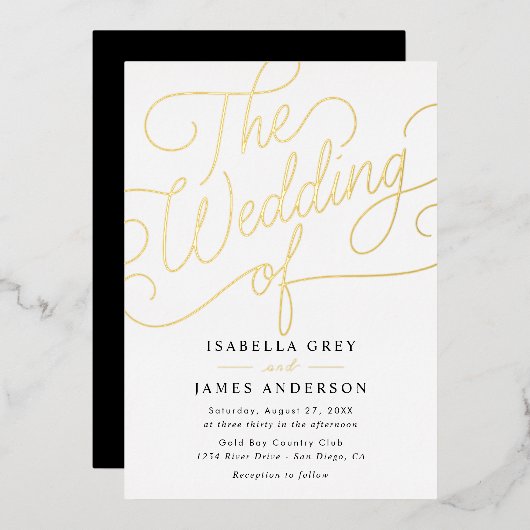 Gold Black Calligraphy Script Wedding Folie Uitnodiging (Voorkant / Achterkant)