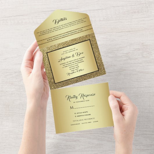 Gold Black Calligraphy Wedding All In One Uitnodiging (Afscheurbaar)