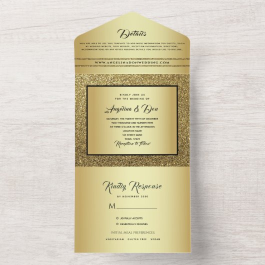 Gold Black Calligraphy Wedding All In One Uitnodiging (Binnen)