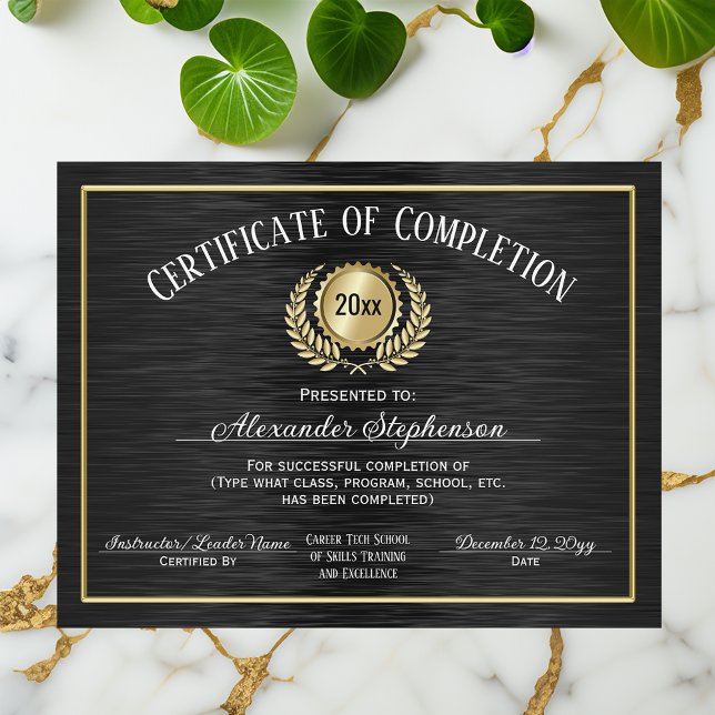 Gold Black Certificate of Complement Course Award (black and gold certificate of completion)