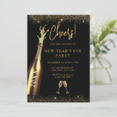 Gold & Black Champagne Bottle New Year's Eve Party Kaart (Staand voorkant)