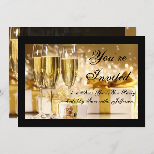 Gold/Black Champagne Oudejaarsavond feest Kaart (Voorkant / Achterkant)