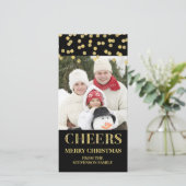 Gold Black Cheers Vrolijk Kerstfeest Confetti Foto Feestdagenkaart (Staand voorkant)