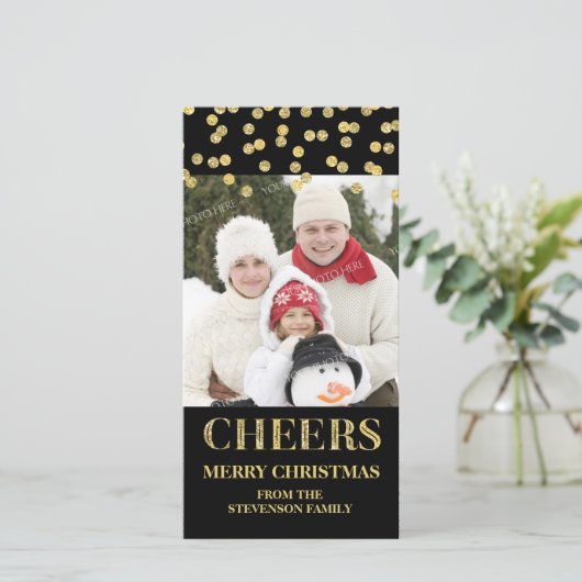 Gold Black Cheers Vrolijk Kerstfeest Confetti Foto Feestdagenkaart (Staand voorkant)