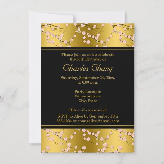 Gold, Black Cherry Blossom 50th Birthday Invite Kaart (Voorkant)