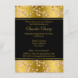 Gold, Black Cherry Blossom 50th Birthday Invite Kaart