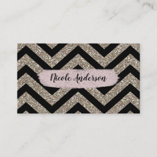 Gold Black Chevron Pink Glitter Modern Brush Glam Visitekaartje