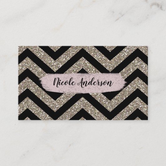 Gold Black Chevron Pink Glitter Modern Brush Glam Visitekaartje (Voorkant)