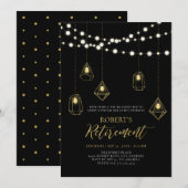 Gold & Black Chic String Lights Retirement Party Kaart (Voorkant / Achterkant)