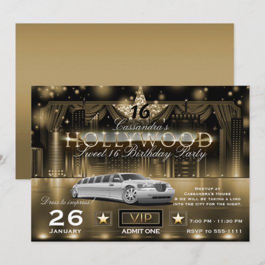 Gold Black City Night Lights Limo Hollywood Party Kaart (Voorkant / Achterkant)