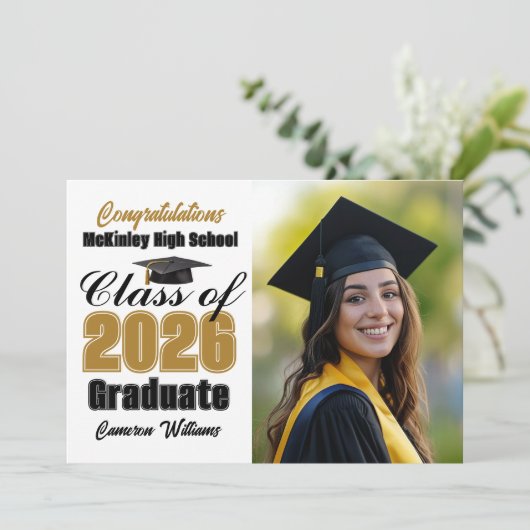 Gold Black Class of 2026 Graduate Photo Graduation Aankondiging (Staand voorkant)