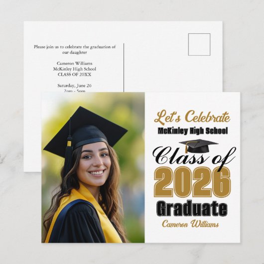 Gold Black Class of 2026 Photo Graduation Party Uitnodiging Briefkaart (Voorkant / Achterkant)