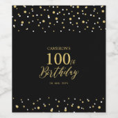 Gold & Black Confetti 100th Birthday Party Wijn Etiket (Enkel label)