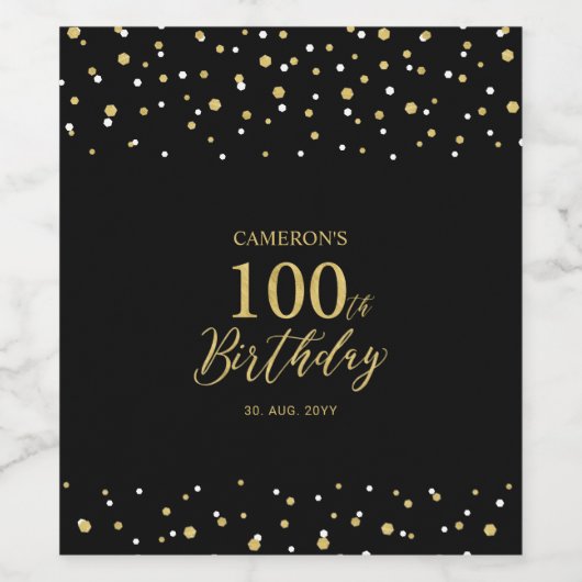 Gold & Black Confetti 100th Birthday Party Wijn Etiket (Enkel label)