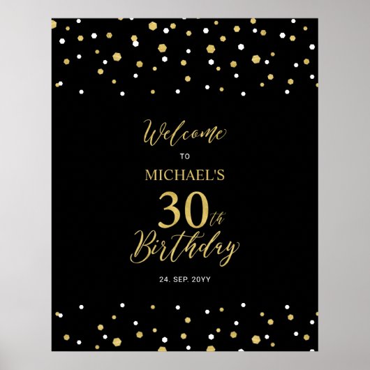 Gold & Black Confetti 30th Birthday Party Welkom Poster (Voorkant)