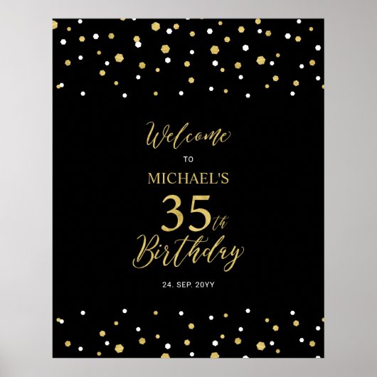Gold & Black Confetti 35th Birthday Party Welkom Poster (Voorkant)