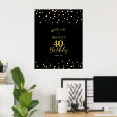Gold & Black Confetti 40th Birthday Party Welkom Poster (Thuiskantoor)