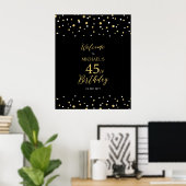 Gold & Black Confetti 45th Birthday Party - Welkom Poster (Thuiskantoor)